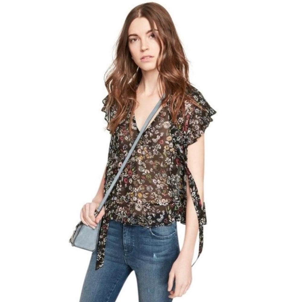 Rebecca Minkoff Ronnie Floral Print Tie-Neck Blouse Sz S Ruffle Fairy Romantic